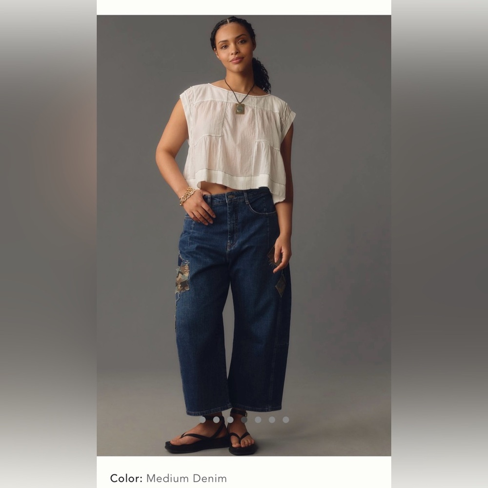 NWT Anthropologie Pilcro Kenna Mid Rise Heritage  Blue Camo Patch Barrel Jeans - Picture 2 of 13